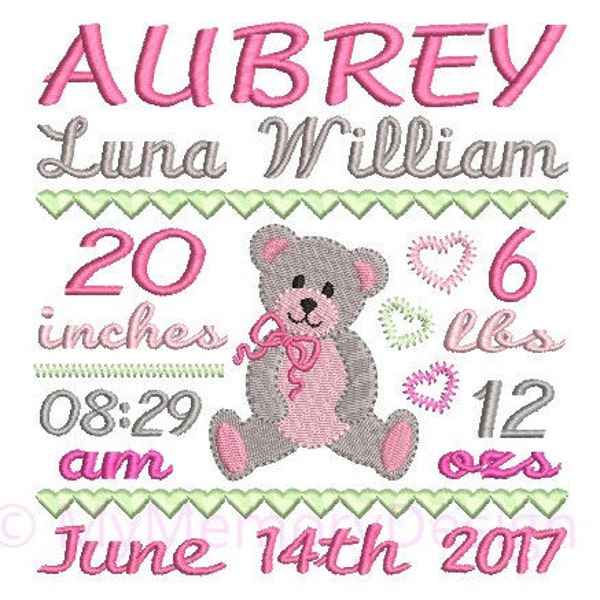 Baby bear  Birth Announcement Embroidery Design, Personalized embroidery design,  Machine Embroidery - EMAIL DELIVERY , NOT instant downlaod