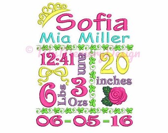 Baby Birth Announcement Embroidery Design, Customised, Baby Birth Stats, Floral embroidery, Little princess,Personalised, Machine embroidery