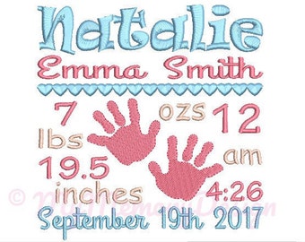 Baby Hand Birth Announcement Embroidery Design - Custom Birth Stats Machine Embroidery File - EMAIL DELIVERY 0-48 hour  NOT instant download