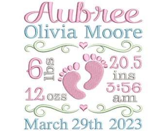 Birth Announcement Embroidery Design, Baby Feet Machine embroidery design, Instant download , 3 sizes, am-pm