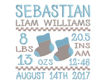 Baby Boy Birth Announcement Embroidery Design - Baby Shower Sign, Baby Shoes machine embroidery file - INSTANT DOWNLOAD 4x4 5x7 6x10 sizes