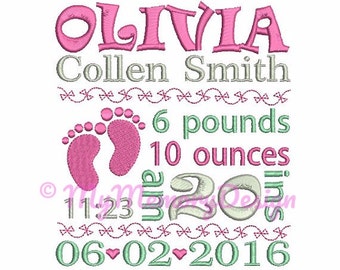 Newborn birth announcement embroidery design - Custom baby birth embroidery design - EMAIL DELIVERY 0-48 hour - NOT instant downlaod