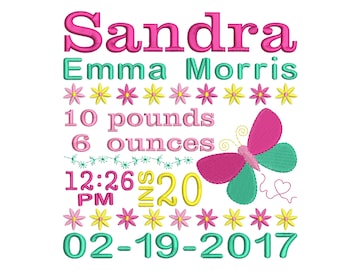 Girl Newborn Baby Birth Template Announcement Embroidery Design with Butterfly and Flowers - Machine embroidery - INSTANT DOWNLOAD - 3 size