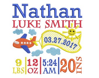 Personalized Baby Boy Plane Birth Announcement Embroidery - Plane birthday embroidery - EMAIL DELIVERY 0-48 hour - NOT instant download