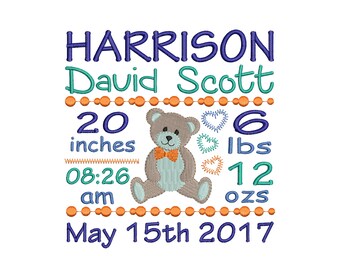 Bear Birth Announcement Embroidery Design - Baby Boy Subway Art Machine Embroidery  File - EMAIL DELIVERY 0-48 hour - NOT instant downlaod