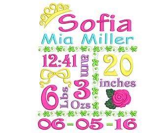 Princess Baby Birth Template Announcement Machine Embroidery Design - Newborn baby embroidery - Digital Download - 4X4 5X7 6X10 size -