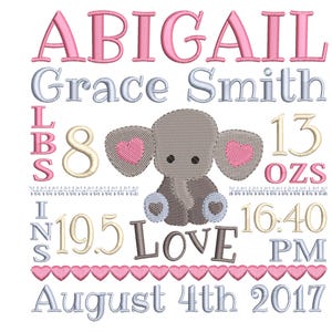 Elephant birth announcement embroidery design - Birth template machine embroidery pattern Birth stats - INSTANT DOWNLOAD 4x4 5x7 6x10 sizes
