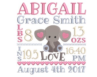 Elephant birth announcement embroidery design - Birth template machine embroidery pattern Birth stats - INSTANT DOWNLOAD 4x4 5x7 6x10 sizes