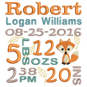Birth Announcement Embroidery Design, Birth Template,  Fox , Cute fox,  Machine Embroidery, Birth Stats, AM/PM, 3 Sizes, Instant Download