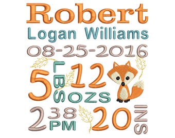 Birth Announcement Embroidery Design, Birth Template,  Fox , Cute fox,  Machine Embroidery, Birth Stats, AM/PM, 3 Sizes, Instant Download
