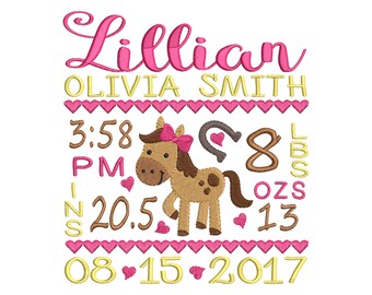 Horse birth announcement embroidery design - Birth template machine embroidery pattern Birth stats - INSTANT DOWNLOAD 4x4 5x7 6x10 sizes