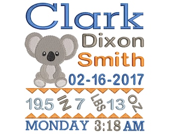 Koala Baby Birth Announcement Machine Embroidery Design - Baby Shower Gift - INSTANT DOWNLOAD 4x4 5x7 6x10 sizes