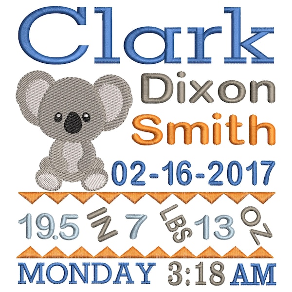 Koala Baby Geburtsanzeige Maschinenstickerei Design - Baby-Dusche-Geschenk - SOFORTIGER DOWNLOAD 4x4 5x7 6x10 Größen
