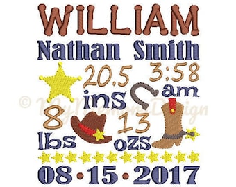 Cowboy Birth announcement embroidery design - Birth template machine embroidery baby design - INSTANT DOWNLOAD 4x4 5x7 6x10 sizes