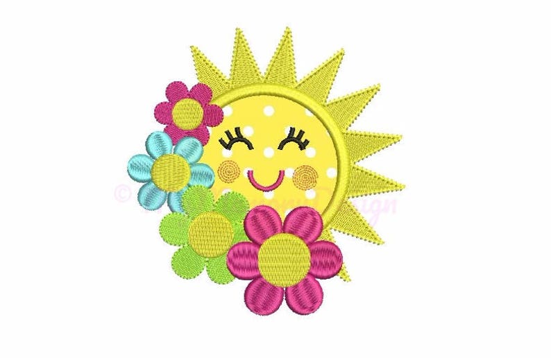 May include: A yellow sun with a smiling face and white polka dots surrounded by four colorful flowers. The flowers are pink, blue, green, and yellow.