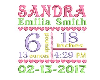 Custom embroidery,  Birth Announcement Embroidery , Machine Embroidery Design - Baby girl embroidery, EMAIL DELIVERY within 48 hour