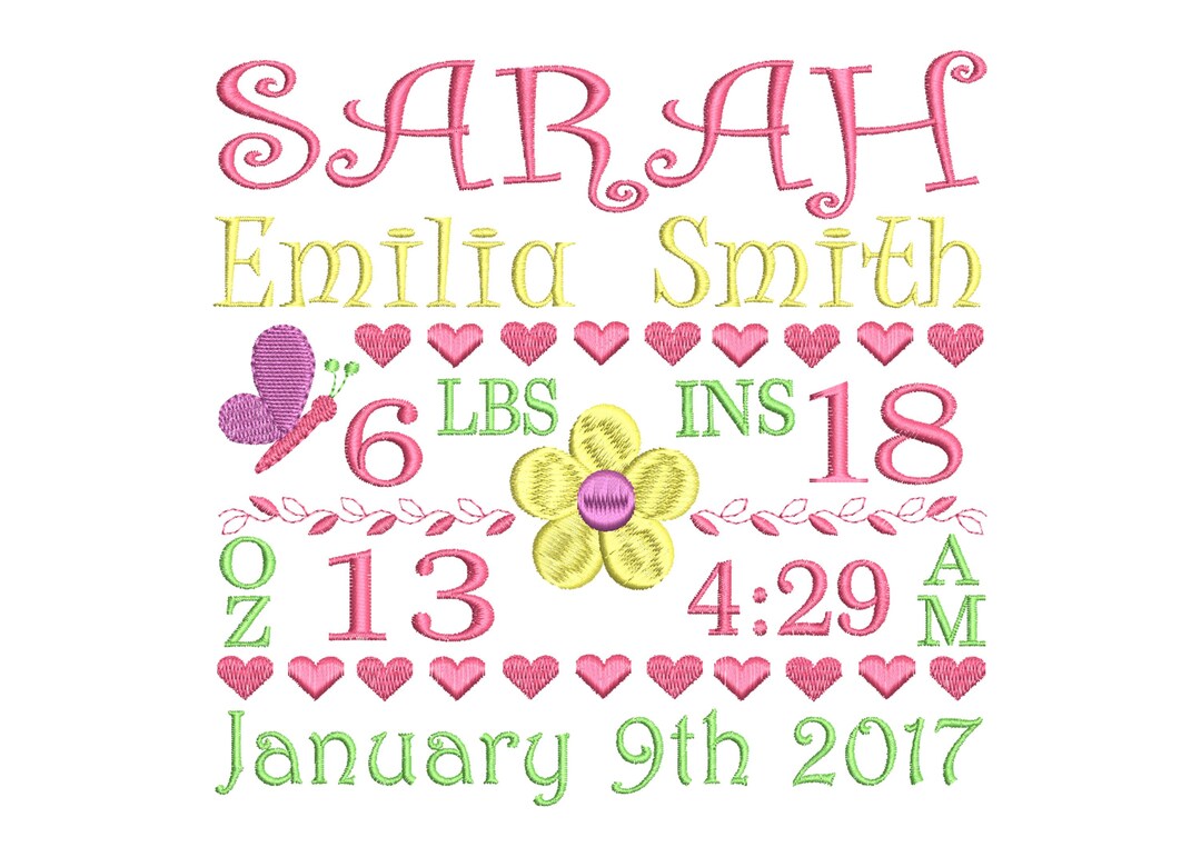 Personalised Birth Announcement, Baby Girl Embroidery Design, Custom ...