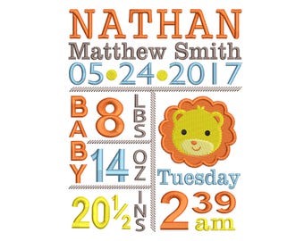 Birth announcement embroidery, Baby embroidery, Baby boy, Little brother embroidery, Lion embroidery, Machine embroidery file, 4x4 5x7 6x10
