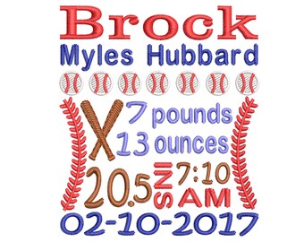 Custom Birth Announcement Embroidery - Baby boy embroidery design - Baseball embroidery - EMAIL DELIVERY 0-48 hour - NOT instant download