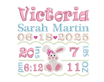 Cute Baby Bunny Machine Embroidery Design - Baby Birth  Announcement Template, Easter Embroidery File - INSTANT DOWNLOAD - 4x4 5x7 6x10 size