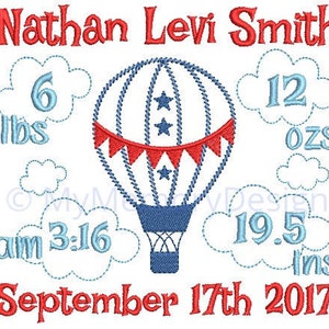 Boy Hot balloon birth announcement embroidery design - Birth template machine embroidery baby design - INSTANT DOWNLOAD 4x4 5x7 6x10 sizes
