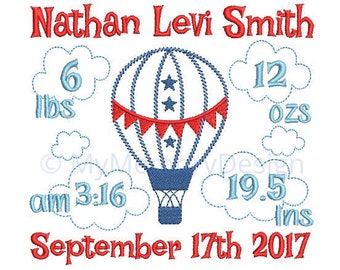 Boy Hot balloon birth announcement embroidery design - Birth template machine embroidery baby design - INSTANT DOWNLOAD 4x4 5x7 6x10 sizes