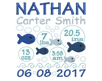 Fish Machine Embroidery File, Baby Birth Announcement Embroidery Design - Nautical Baby Showe - INSTANT DOWNLOAD- 3 SIZE
