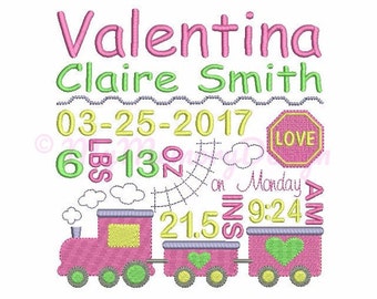 Personalised Train Baby Birth Announcement Embroidery Design - Subway Art Design - EMAIL DELIVERY 0-48 hour - NOT instant download