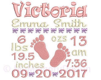 Girl Birth announcement embroidery design - Birth template machine embroidery - Baby design - INSTANT DOWNLOAD 4x4 5x7 6x10 sizes