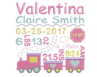 Personalized Train Baby Girl Birth Announcement Machine Embroidery Design - Customized Newborn Shower Gift - EMAIL DELIVERY