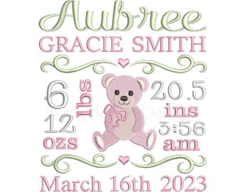 Baby bear embroidery design, Birth announcement machine embroidery design, Instant download, 3 sizes