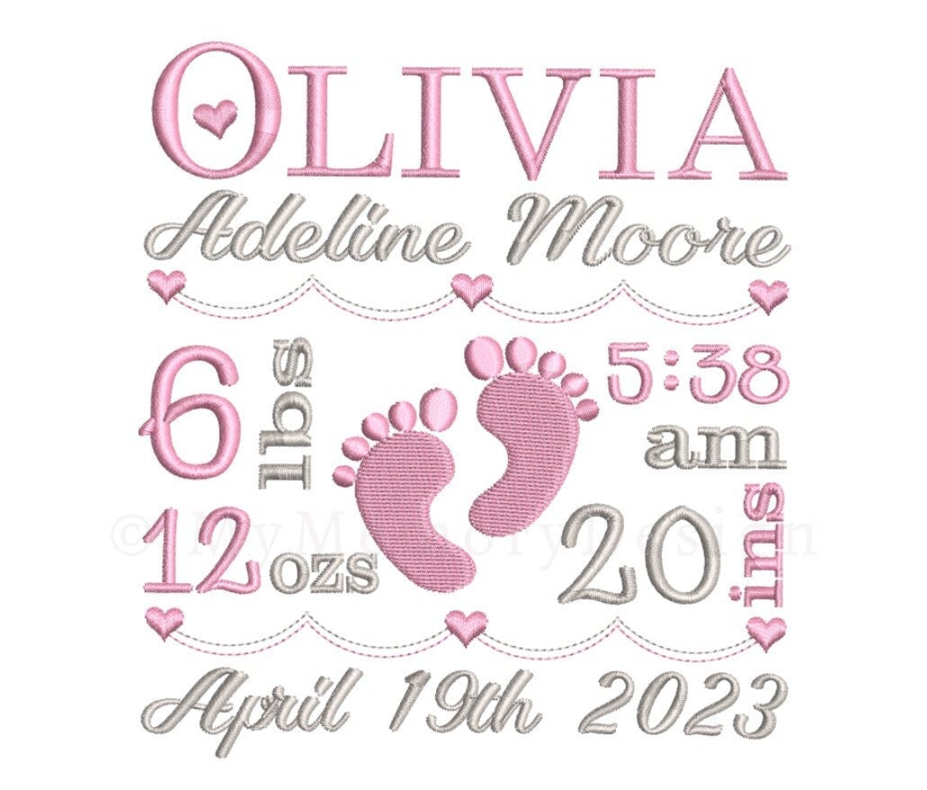 Birth Announcement Embroidery Design Birth TEMPLATE Baby girl  