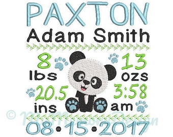 Panda Birth announcement embroidery design - Birth template machine embroidery baby design - INSTANT DOWNLOAD 4x4 5x7 6x10 sizes