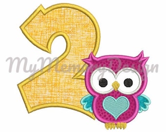 2nd birthday machine embroidery - Birthday embroidery - Birthday applique - Owl applique design - INSTANT DOWNLOAD - 4x4 5x7 6x10 size