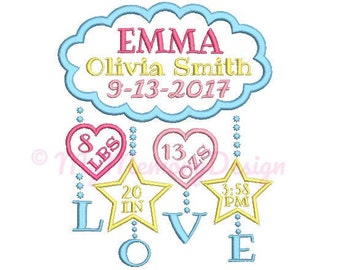 Cloud birth announcement embroidery design - Birth template machine embroidery pattern - Birth stats - INSTANT DOWNLOAD  5x7 6x10 sizes