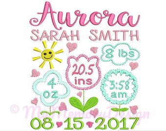 Flower birth announcement embroidery design - Birth template machine embroidery pattern Birth stats - INSTANT DOWNLOAD 4x4 5x7 6x10 sizes