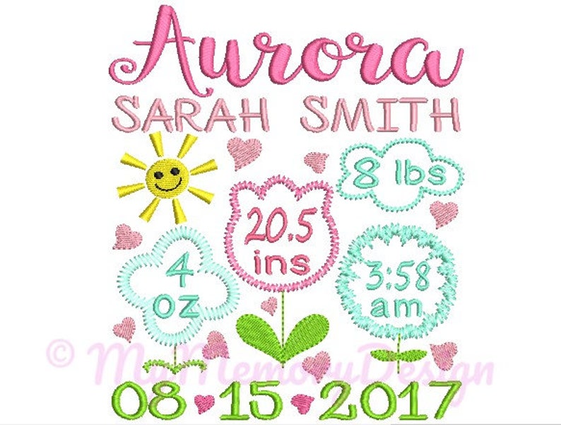 Flower birth announcement embroidery design  Birth template image 1