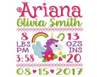 Unicorn birth announcement embroidery design - Birth template machine embroidery pattern Birth stats - INSTANT DOWNLOAD 4x4 5x7 6x10 sizes