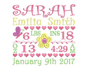 Flower Birth TEMPLATE Announcement Embroidery - Girl Birthday Design - Digital download embroidery pattern - 4x4 5x7 6x10 sizes - AM/PM
