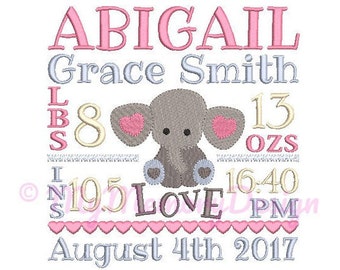 Elephant birth announcement embroidery design - Birth template machine embroidery pattern Birth stats - INSTANT DOWNLOAD 4x4 5x7 6x10 sizes