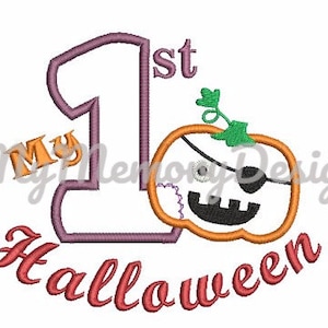 May include: Embroidered design featuring a purple number one with the word "1st" above it, the word "My" to the left of the number, and the word "Halloween" below. A cartoon pumpkin with a pirate eye patch is to the right of the number.