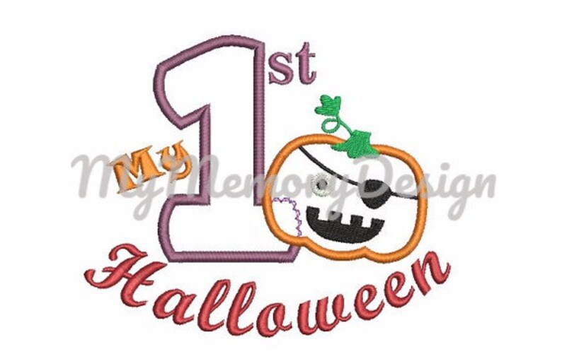 May include: Embroidered design featuring a purple number one with the word "1st" above it, the word "My" to the left of the number, and the word "Halloween" below. A cartoon pumpkin with a pirate eye patch is to the right of the number.