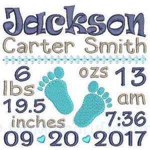 Baby Boy Announcement Embroidery Design - Custom Birth Stats Machine Embroidery File - EMAIL DELIVERY 0-48 hour NOT instant download