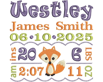 Fox embroidery - Subway art embroidery design - Baby birth announcement digital file - EMAIL DELIVERY 0-48 hour - NOT instant download