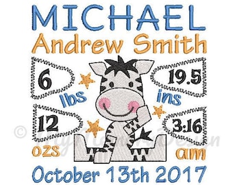 Zebra Personalized Birth Announcement Machine Embroidery Digital File Design - EMAIL DELIVERY 0-48 hour - NOT instant download