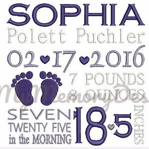 May include: Purple and gray embroidered design with the name Sophia, the date 02.17.2016, and the text "7 pounds 8 ounces, seven twenty five, in the morning, 18-5 inches".