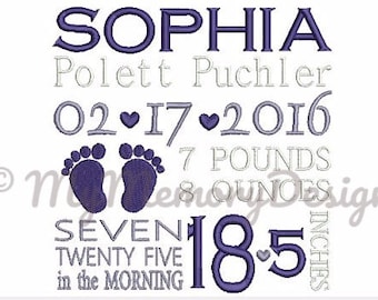 Birth announcement embroidery template design - Baby feet embroidery - Baby embroidery - Boy - Girl - Patterns - New born baby  - 3 size