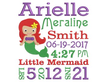 Mermaid embroidery design, Birth announcement embroidery design, Baby embroidery, Newborn embroidery,  INSTANT DOWNLOAD, 4x4 5x7 6x10 sizes