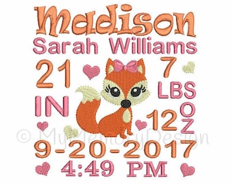 Birth announcement embroidery design - Fox embroidery, Baby girl embroidery, machine embroidery design - INSTANT DOWNLOAD 3 sizes