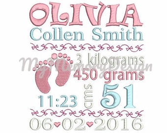 Baby feet design, Birth Announcement Embroidery  Design, Baby Stats Foot print, Newborn birth embroidery design - Machine embroidery pattern